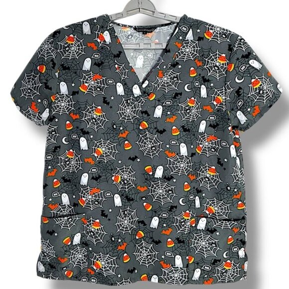 Cassandra O Tops - Cassandra O Halloween Theme Scrub Top Pockets Candy Corn Ghosts Gray Multi XL